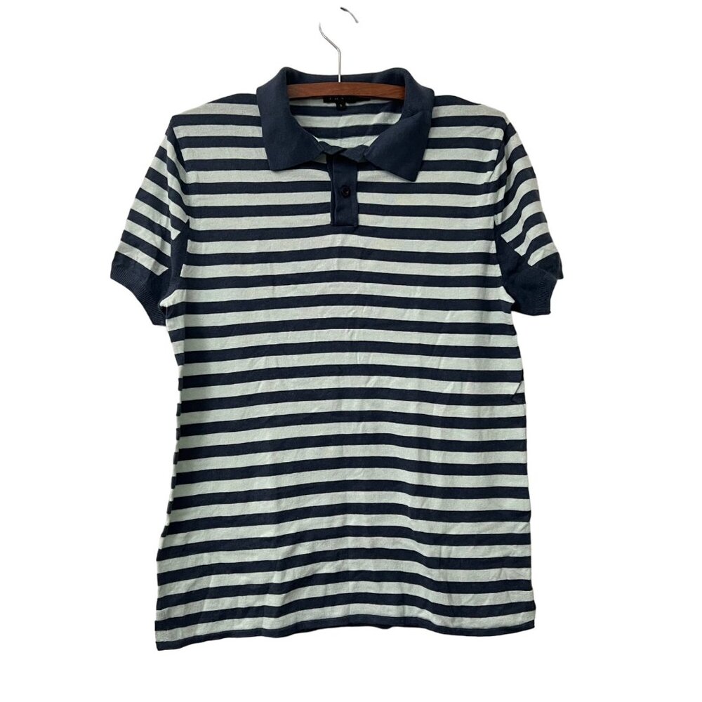 Theory Navy Mint Striped Cashmere Silk Short Sleeve Polo Shirt Mens Size Small